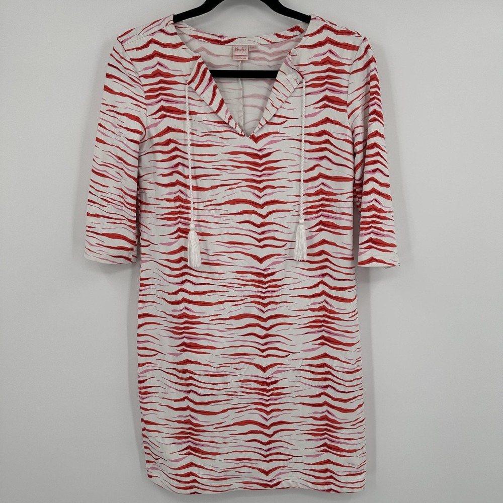 Persifor Dress Womens‎ Small White Red Zebra Tassel V-Neck 3/4 Sleeve Made USA